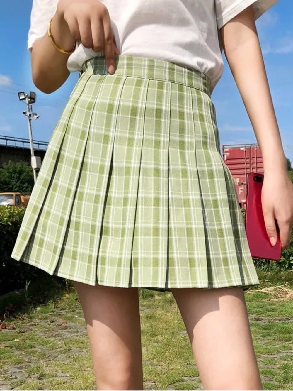 Green Plaid Pleated Skirt - Women's Casual